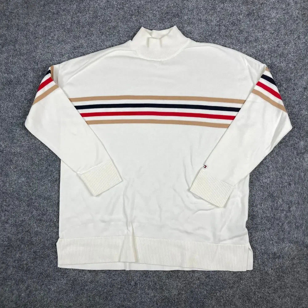 Tommy Hilfiger Sweater Mens L Cream Mock Neck Stripe‎ Logo Pullover